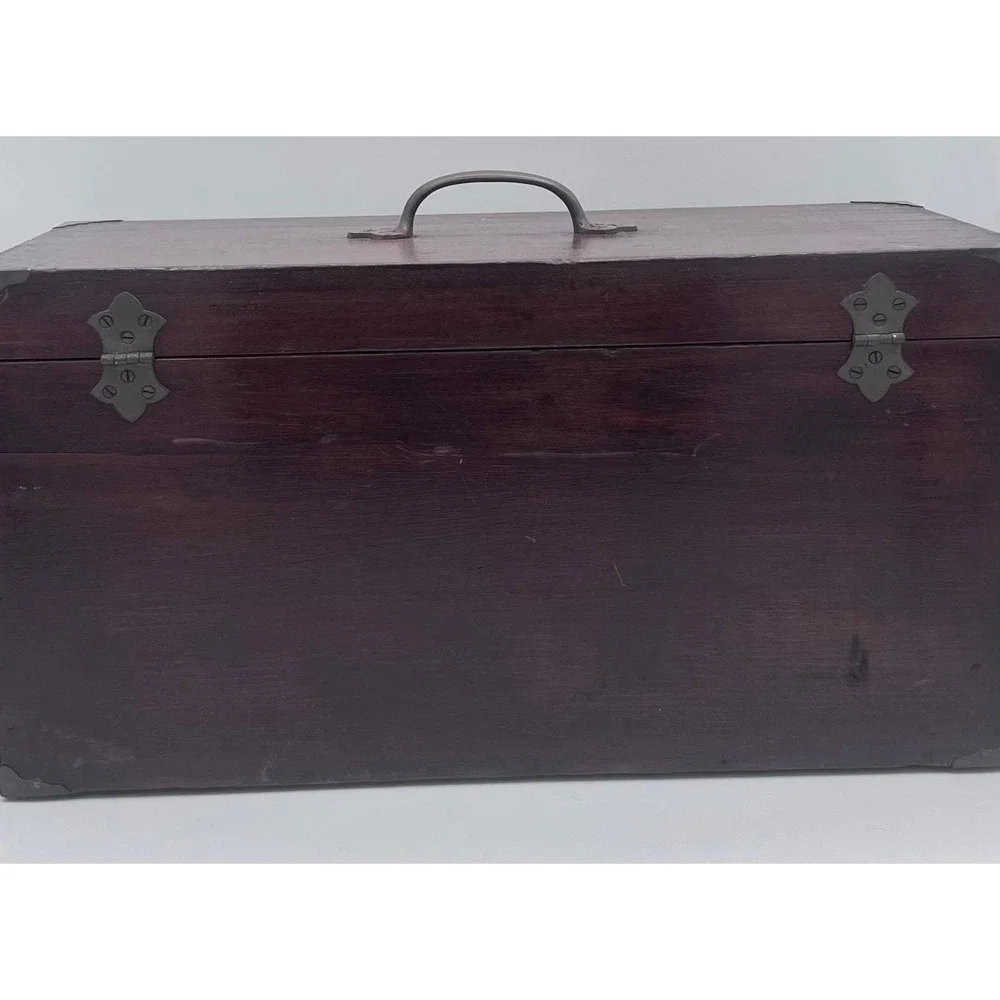 Antique Wood Storage Chest with Removable Tray Dark Brown Tea Caddy